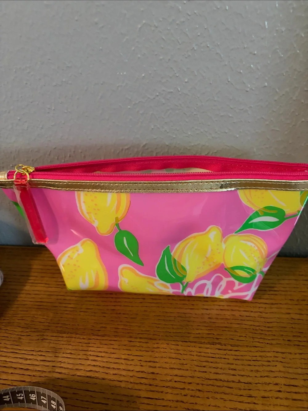 Lilly Pulitzer Pink Lemon Cosmetic Pouch with Gold Trim